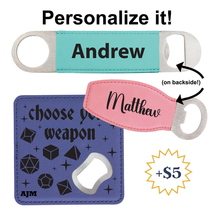 a pair of personalized bottle openers with a name tag