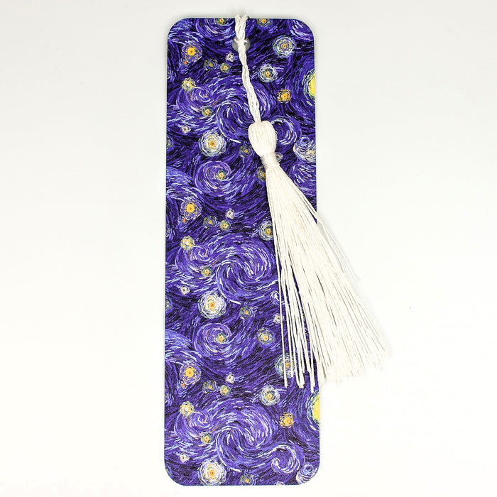 a purple bookmark with a white tassel hanging from it