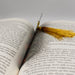 a yellow tassel on top of an open book
