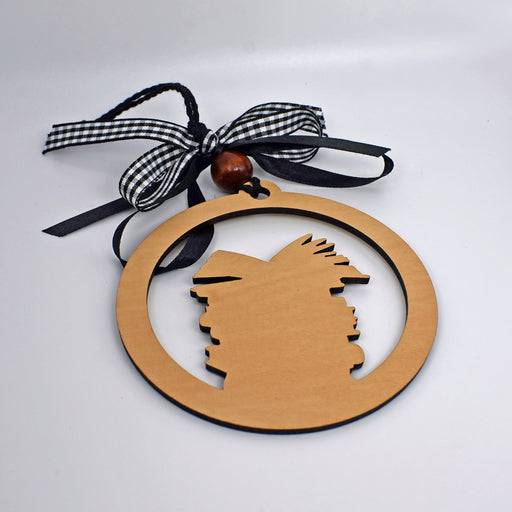 a wooden ornament with a bow hanging from it