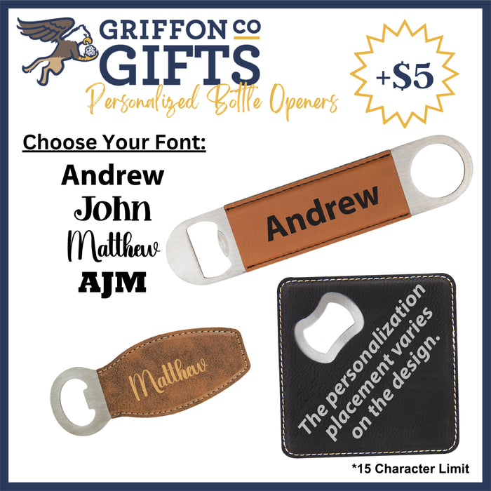 a pair of personalized bottle openers with a name tag