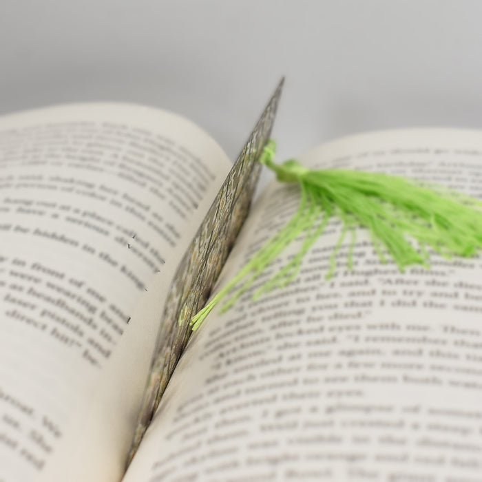 an open book with a green tassel on top of it