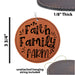 a leather ornament with the words faith family farm on it