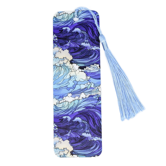 a blue and white tie with waves on it