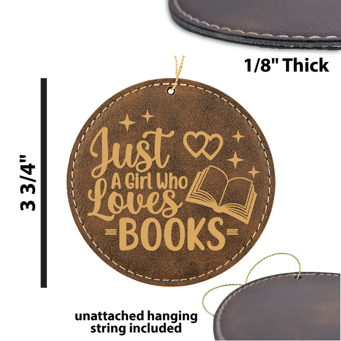 a picture of a leather book ornament with the words just a girl who